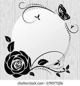 Vector card with butterflies and roses  on wooden texture.