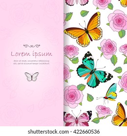 Vector card with butterflies and roses. Silhouettes of different butterflies. Place for you text. Perfect for greetings, invitations, announcement, wedding design.