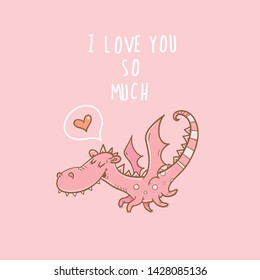 Vector card by Valentine's Day with cartoon  dragon in love.
