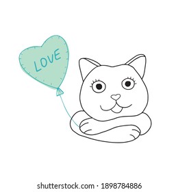 Tarjeta vectorial del Día de San Valentín con un gato de dibujos animados con globo en forma de corazón. Estilo Doodle. Firma con amor