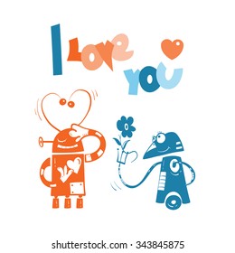 Vector card by Valentine's Day with two robots in love.