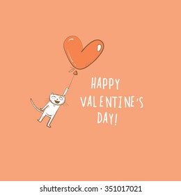 Vector card by Valentine's Day with cartoon cat flying on  balloon in the form of heart. Doodle style.