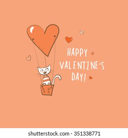 Vector card by Valentine's Day with cartoon cat flying on   air balloon in the form of heart. Doodle style.