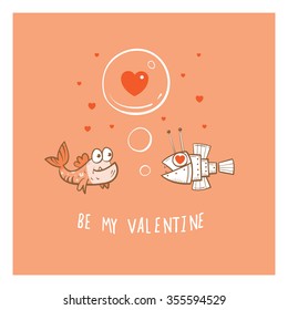 Vector card by Valentine's Day with couple of fishes in love.  Doodle style.