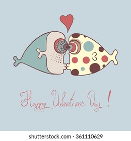 Vector card by Valentine's Day with couple of fishes in love.Doodle style.