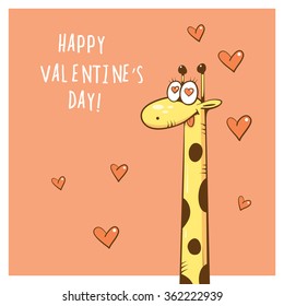 Vector card by Valentine's Day with cute cartoon giraffe in love. Hand drawn image.