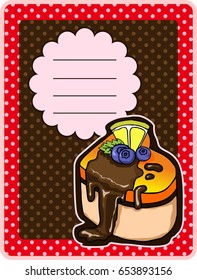 Vector card with cake  with chocolate, berry, lemon, chocolate cream and mint. Homemade pastries with meringue.