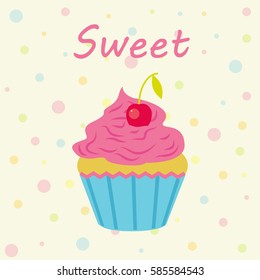 Vector card with cake shop topic. Cake with cherries and inscription.