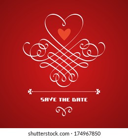Vector card with calligraphic heart and text - Save The Date. Wedding, Valentine's Day hand drawn design elements. Decorative red illustration for print, web