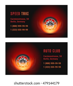 Vector Card car wheel with fire. Template for Auto Club and Taxi