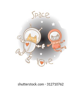 Vector card with cartoon cats astronauts in love.