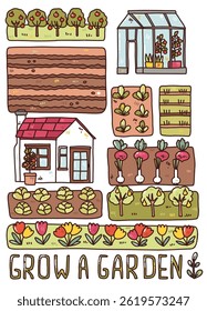 vector card with cartoon farm and growing vegetables. illustration for prints, cards