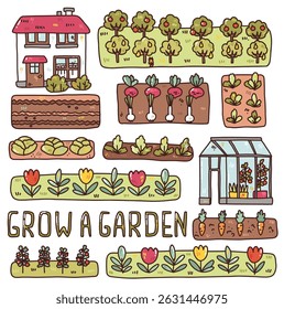 Tarjeta de Vector con granja de dibujos animados y verduras de cultivo. ilustración para impresiones, tarjetas