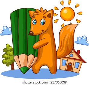 Vector card with cartoon fox character. 