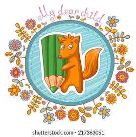 Vector card with cartoon fox character. 