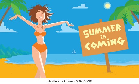 Vector card with cartoon image of beautiful slim woman on the beach with brown hair in orange swimsuit on the background of yellow sand, blue sea, sky, green palm trees, brown banner. Vacation, summer