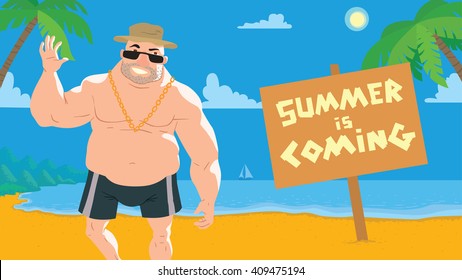 Vector card with cartoon image of big man in black shorts, sunglasses, panama hat and gold chain on the background of yellow sand, blue sea, sky, green palm trees and brown banner. Vacation, summer.