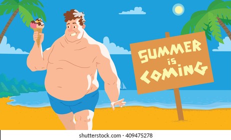 Vector card with cartoon image of fat man with brown hair in blue shorts with ice cream in his hand on the background of yellow sand, blue sea, sky, green palm trees and brown banner. Vacation, summer