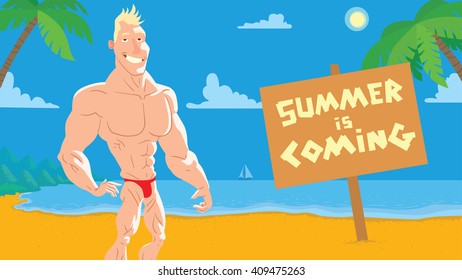 Vector card with cartoon image of muscular man on the beach with blond hair in red swimming trunks on the background of yellow sand, blue sea, sky, green palm trees and brown banner. Vacation, summer.