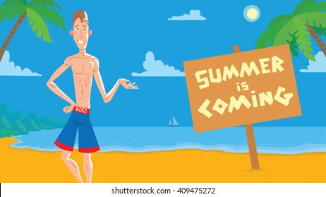 Vector card with cartoon image of a very thin man on the beach with brown hair in blue-red shorts on the background of yellow sand, blue sea, sky, green palm trees and brown banner. Vacation, summer.