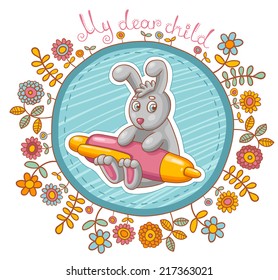 Vector card with cartoon rabbit character. 