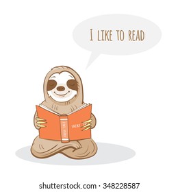 Vector card with cartoon sloth. Fan reading book. 