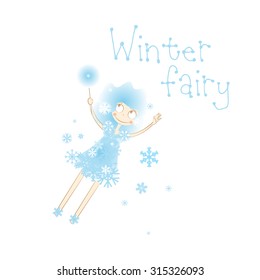 Vector  card with cartoon  winter fairy in a dress from snowflakes. 