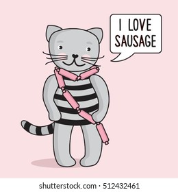 vector card with cat, cute cat with sausages