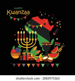 Vector card of celebration Happy Kwanzaa. Holiday symbols on black background in african map.