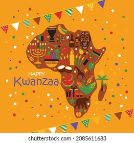 Vector card of celebration Happy Kwanzaa. Holiday african american symbols on yellow background in african map.