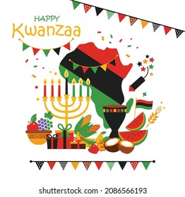 Vector card of celebration Happy Kwanzaa. Holiday symbols on white background with african map.