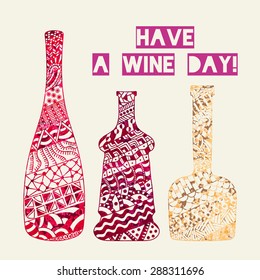 Vector card of champagne, brandy and whiskey grunge bottles for restaurant and bar menu design.