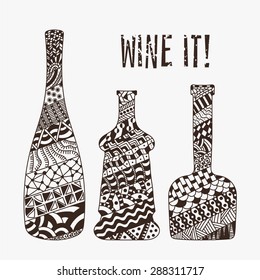 Vector card of champagne, brandy and whiskey grunge bottles for restaurant and bar menu design.