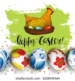 Vector card with chicken, handwritten inscription Happy Easter and realistic decorated 3D Russian eggs. Yellow background. Hand drawn sketch in engraving style. Brush lettering and modern calligraphy.