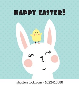 vector card, chicken and rabbit, happy easter text