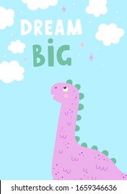 Vector card for children with cute dinosaur illustration. Funny kids concept with adorable animal character and lettering