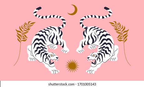 Vector card with chinese tigers in boho asian style. Beautiful animal print design. For fabric, wall art, interior design, social media post, packaging. Floral branch, crescent moon, star, magic.  