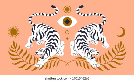 Vector card with chinese tigers in boho asian style. Beautiful animal print design. For fabric, wall art, interior design, social media post, packaging. Floral branch, crescent moon, star, magic. 