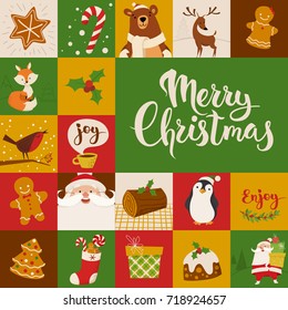 Vector card with Christmas cartoon characters and symbols. Penguin, Santa, gift, fox, bear, sweets and holiday calligraphy.