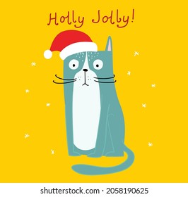 Vector Card with Christmas cat, Merry Christmas illustrations of cute cat with accessories like a knitted hat, sweater, scarf in cartoon style