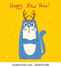 Vector Card with Christmas cat, Merry Christmas illustrationsof cute cat with accessories like a knitted hat, sweater, scarf