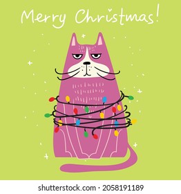 Vector Card with Christmas cat, Merry Christmas illustrationsof cute cat with accessories like a knitted hat, sweater, scarf