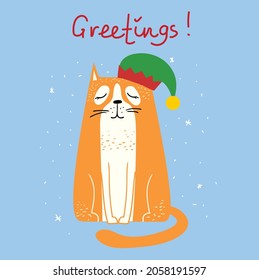 Vector Card with Christmas cat, Merry Christmas illustrationsof cute cat with accessories like a knitted hat, sweater, scarf