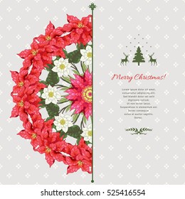 Vector card. Christmas collection. Round pattern with branches of poinsettia and hellebore flowers. Norwegian ornament on backdrop. Place for your text.