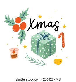 Vector card Christmas decorations with text. Lettering, present and sweets, gifts.  Kids illustration. Scrapbook trendy collection