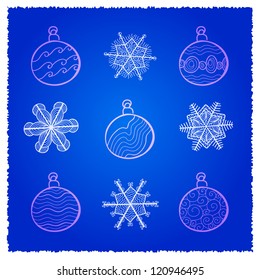 Vector card with Christmas fir tree decorations. Blue variant