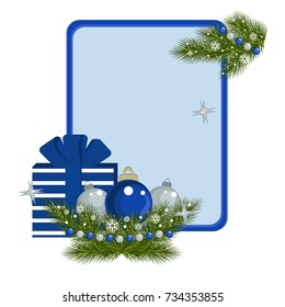 Vector card with Christmas still life and decorations on blue background.