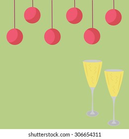 Vector card in Christmas style with glasses of champagne and New Year's toys