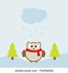 Vector card with Christmas theme. Cute owl among the trees under a snow cloud.