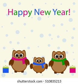 Vector card with Christmas theme. A family of owls with gifts on a snowy background. There's space for photo or text.